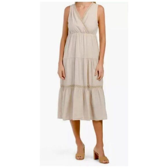 Elena Baldi Linen Midi Dress Size LARGE Beige Tan Natural NWOT - Picture 7 of 7